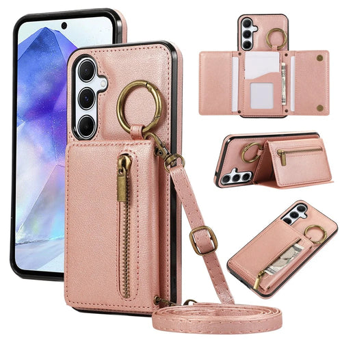 For Samsung Galaxy A26 5G Leather Back Cover Zipper Wallet Kickstand Phone Case with Shoulder Strap - Pink - 1