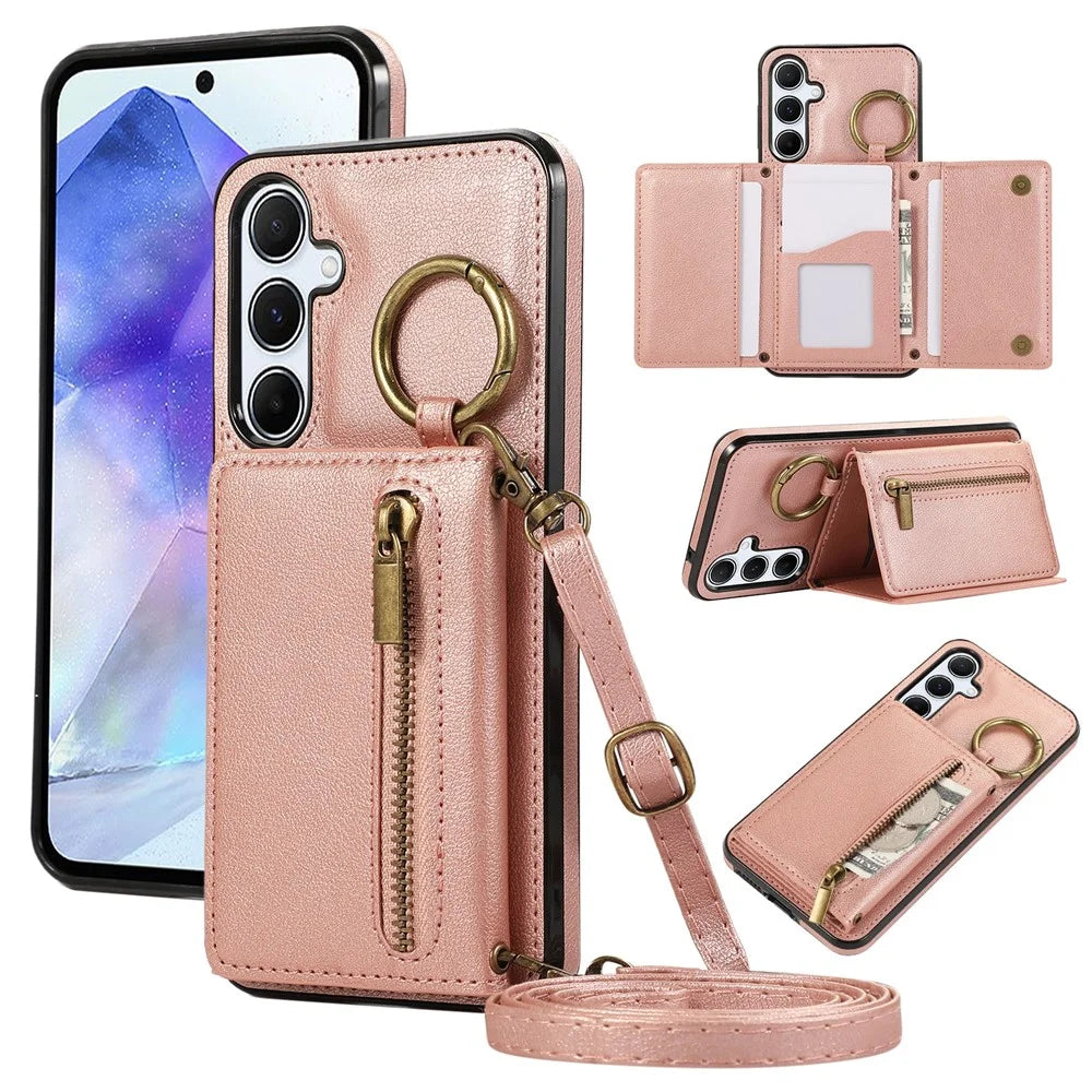 For Samsung Galaxy A26 5G Leather Back Cover Zipper Wallet Kickstand Phone Case with Shoulder Strap - Pink - 1