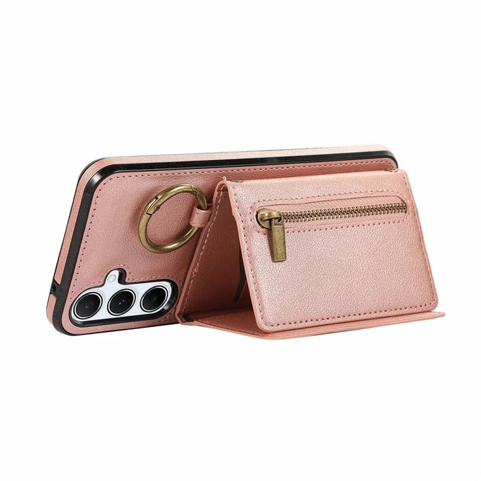 For Samsung Galaxy A26 5G Leather Back Cover Zipper Wallet Kickstand Phone Case with Shoulder Strap - Pink - 2