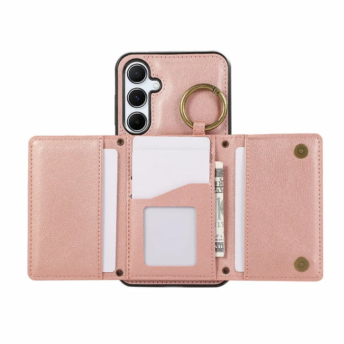 For Samsung Galaxy A26 5G Leather Back Cover Zipper Wallet Kickstand Phone Case with Shoulder Strap - Pink - 4