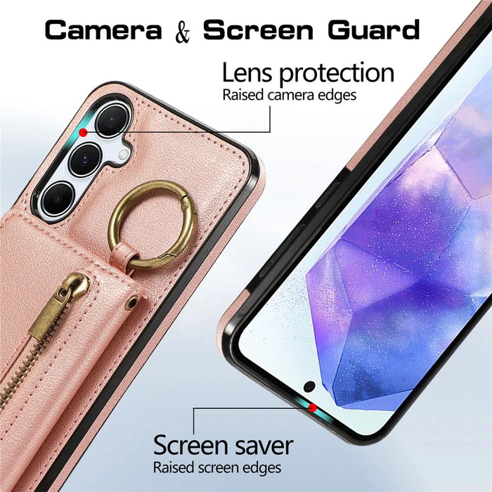 For Samsung Galaxy A26 5G Leather Back Cover Zipper Wallet Kickstand Phone Case with Shoulder Strap - Pink - 5