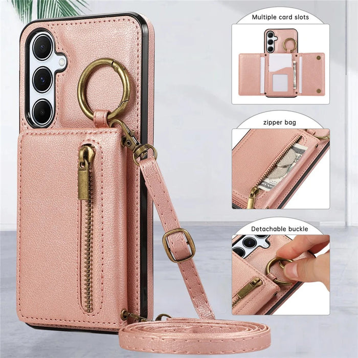For Samsung Galaxy A26 5G Leather Back Cover Zipper Wallet Kickstand Phone Case with Shoulder Strap - Pink - 6
