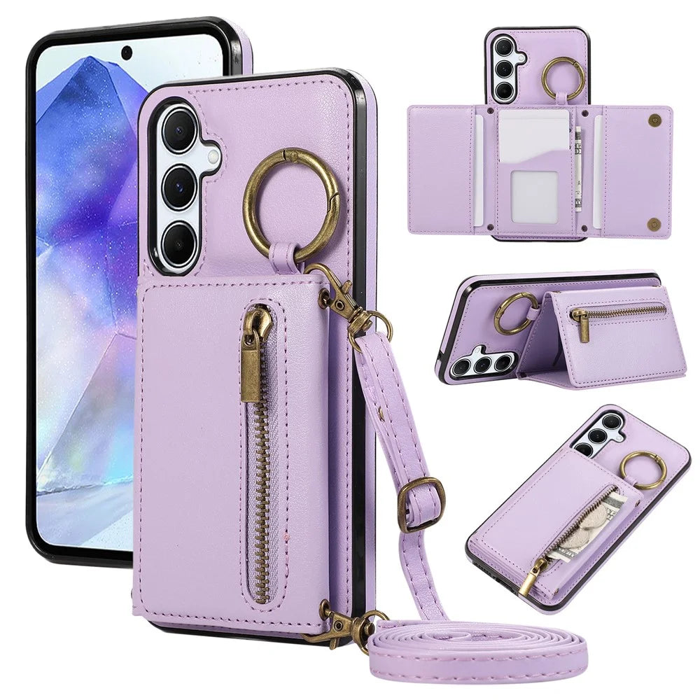 For Samsung Galaxy A56 5G Leather Back Cover Zipper Wallet Kickstand Phone Case with Shoulder Strap - Purple - 1