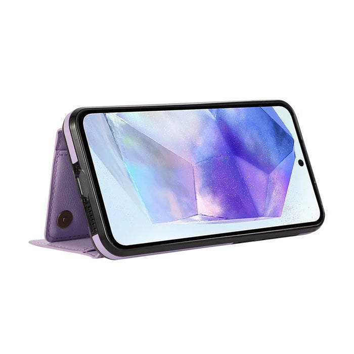 For Samsung Galaxy A56 5G Leather Back Cover Zipper Wallet Kickstand Phone Case with Shoulder Strap - Purple - 3
