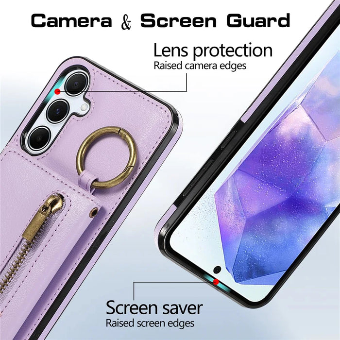 For Samsung Galaxy A56 5G Leather Back Cover Zipper Wallet Kickstand Phone Case with Shoulder Strap - Purple - 5