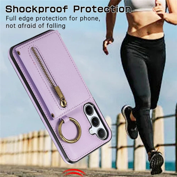 For Samsung Galaxy A56 5G Leather Back Cover Zipper Wallet Kickstand Phone Case with Shoulder Strap - Purple - 6