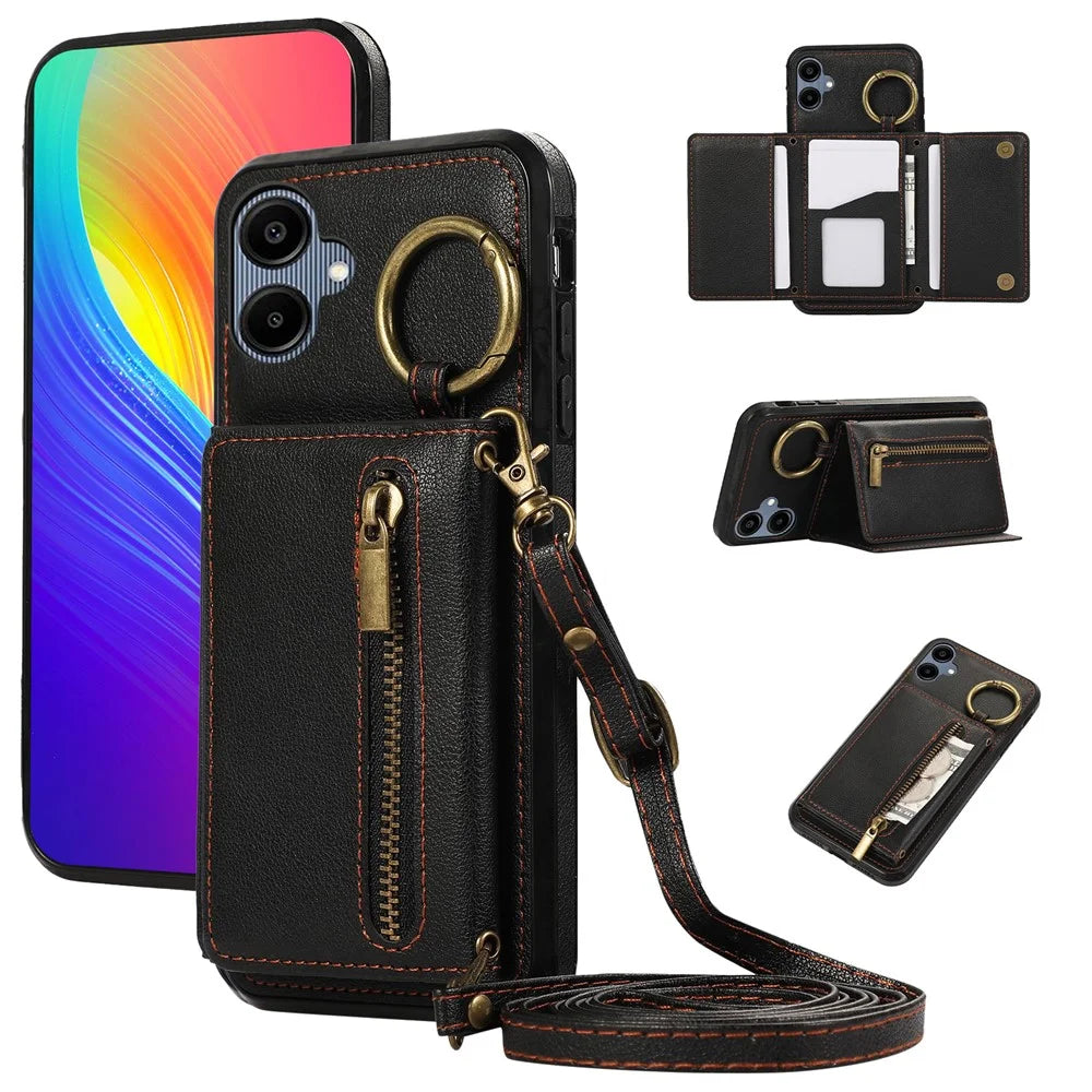 For Samsung Galaxy A06 4G Leather Back Cover Zipper Wallet Kickstand Phone Case with Shoulder Strap - Black - 1