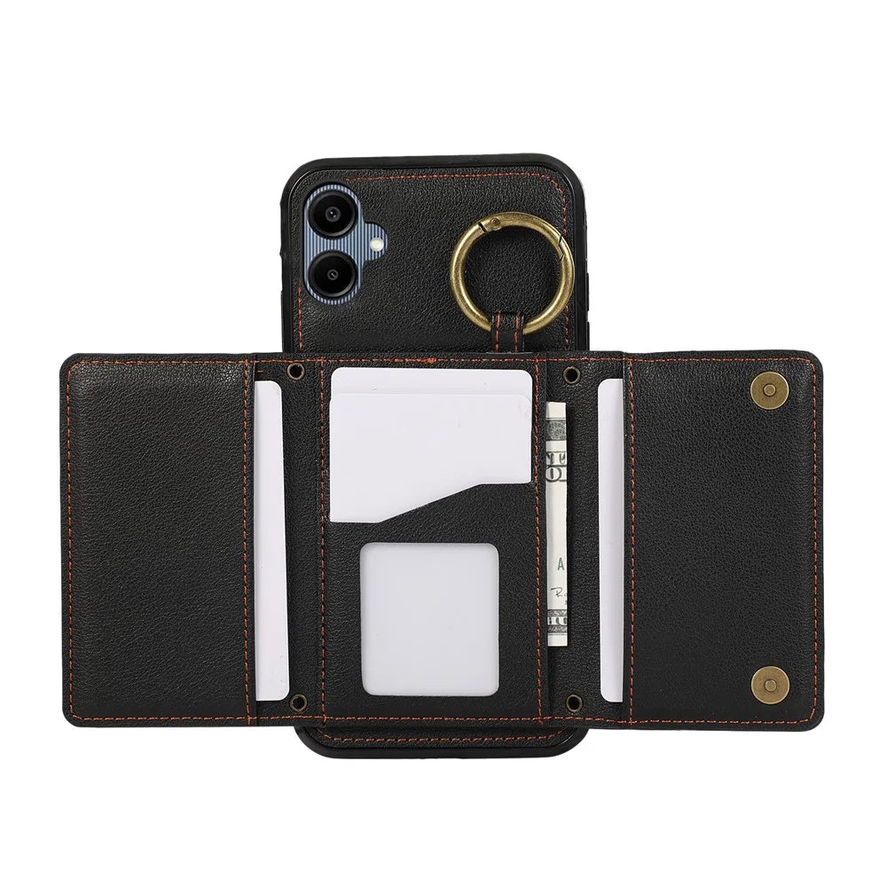 For Samsung Galaxy A06 4G Leather Back Cover Zipper Wallet Kickstand Phone Case with Shoulder Strap - Black - 2