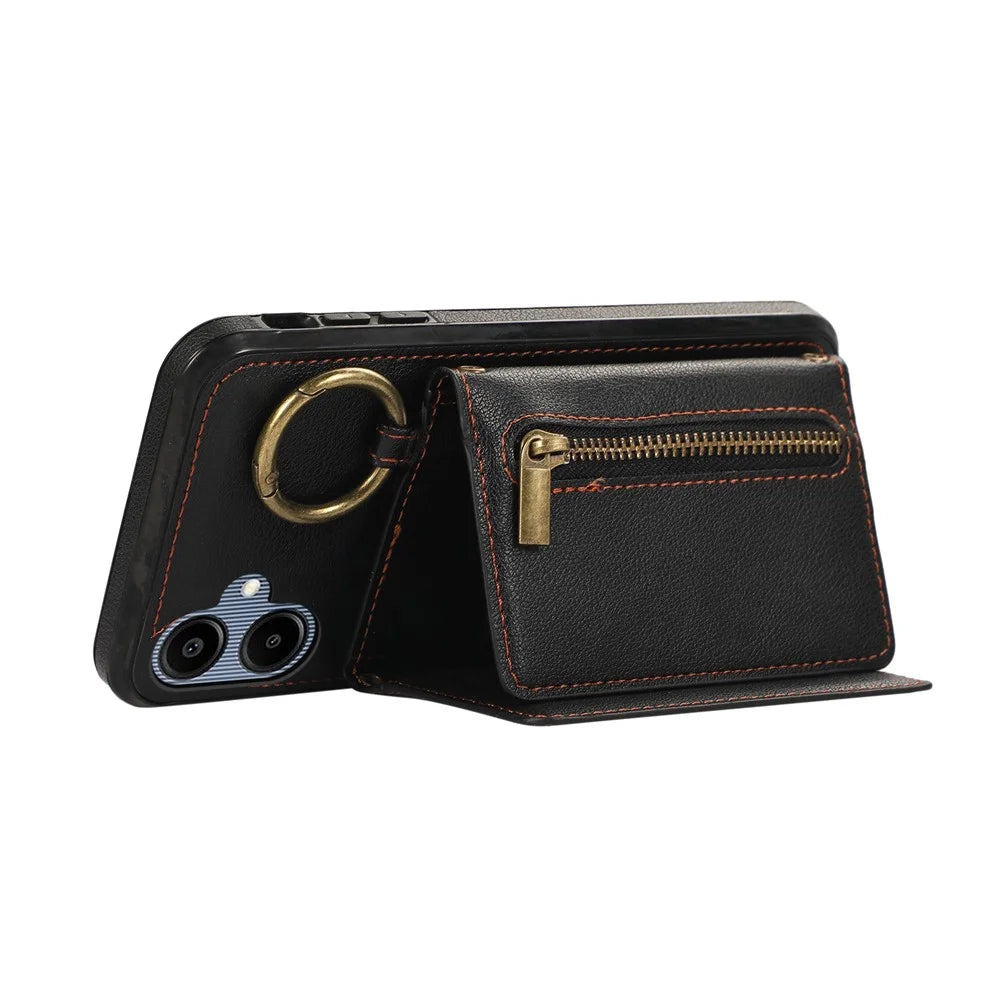 For Samsung Galaxy A06 4G Leather Back Cover Zipper Wallet Kickstand Phone Case with Shoulder Strap - Black - 3