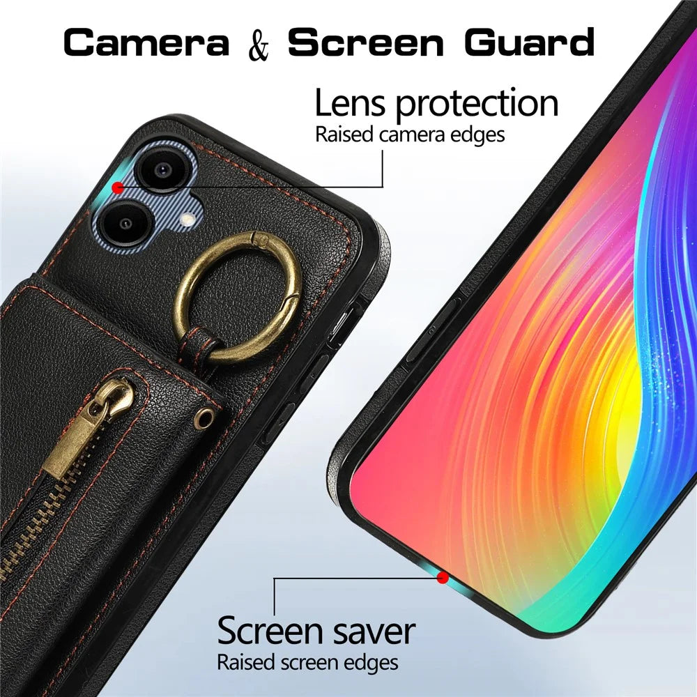 For Samsung Galaxy A06 4G Leather Back Cover Zipper Wallet Kickstand Phone Case with Shoulder Strap - Black - 5