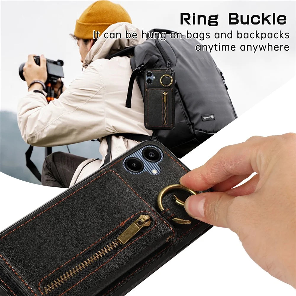 For Samsung Galaxy A06 4G Leather Back Cover Zipper Wallet Kickstand Phone Case with Shoulder Strap - Black - 7
