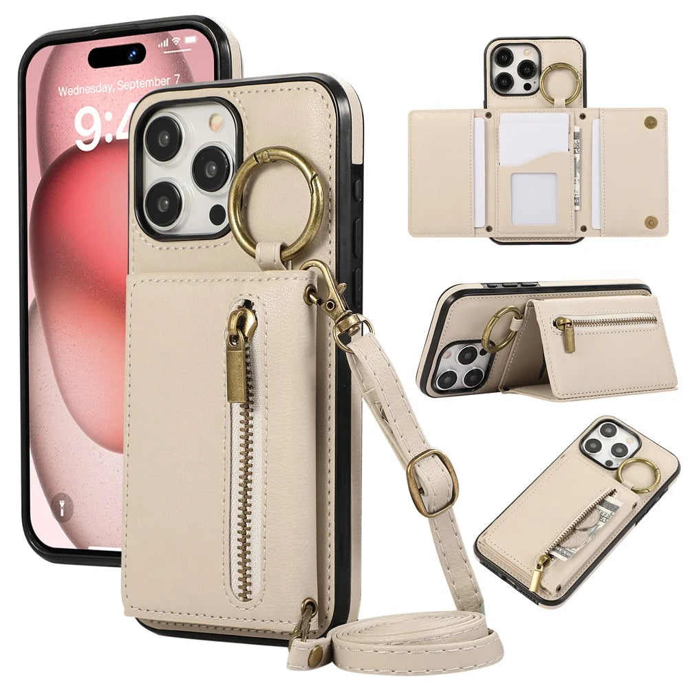 For iPhone 16 Pro Max Leather Back Cover Zipper Wallet Kickstand Phone Case with Shoulder Strap - Beige - 1