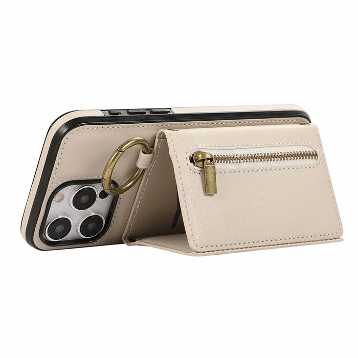 For iPhone 16 Pro Max Leather Back Cover Zipper Wallet Kickstand Phone Case with Shoulder Strap - Beige - 2