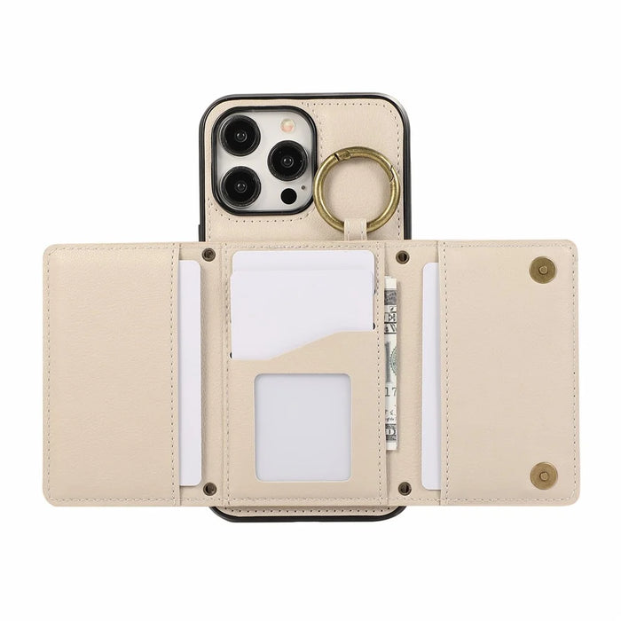For iPhone 16 Pro Max Leather Back Cover Zipper Wallet Kickstand Phone Case with Shoulder Strap - Beige - 4