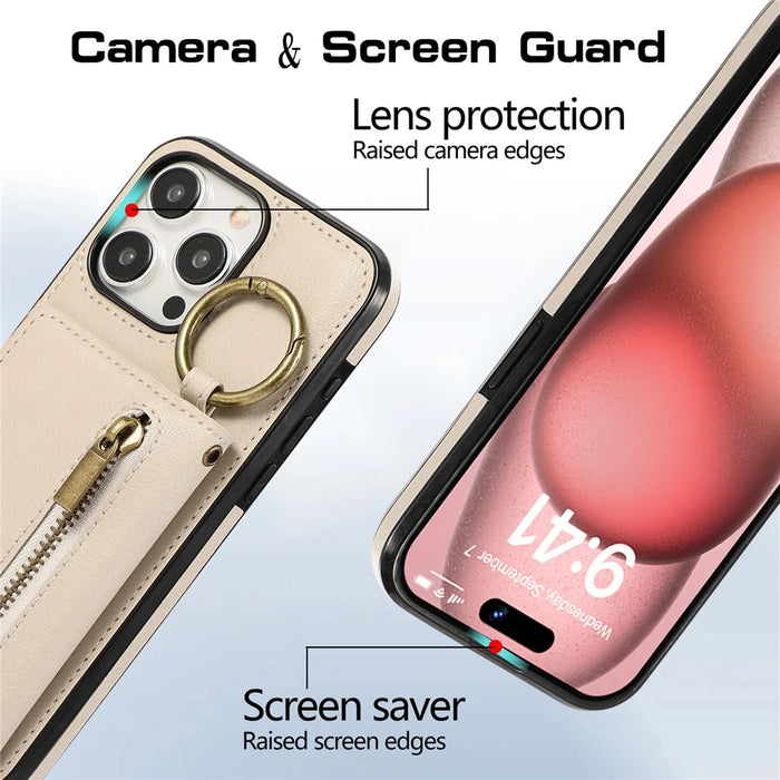 For iPhone 16 Pro Max Leather Back Cover Zipper Wallet Kickstand Phone Case with Shoulder Strap - Beige - 5