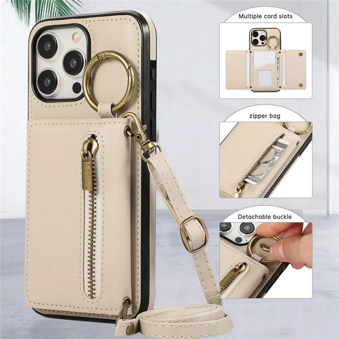 For iPhone 16 Pro Max Leather Back Cover Zipper Wallet Kickstand Phone Case with Shoulder Strap - Beige - 6