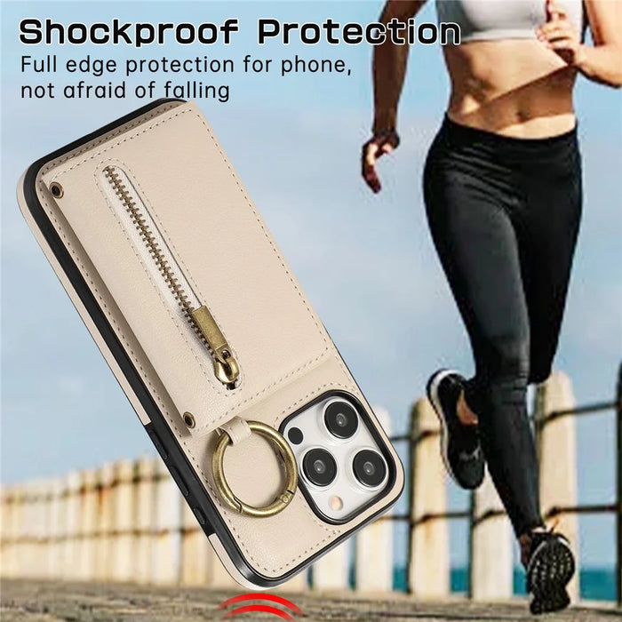 For iPhone 16 Pro Max Leather Back Cover Zipper Wallet Kickstand Phone Case with Shoulder Strap - Beige - 7