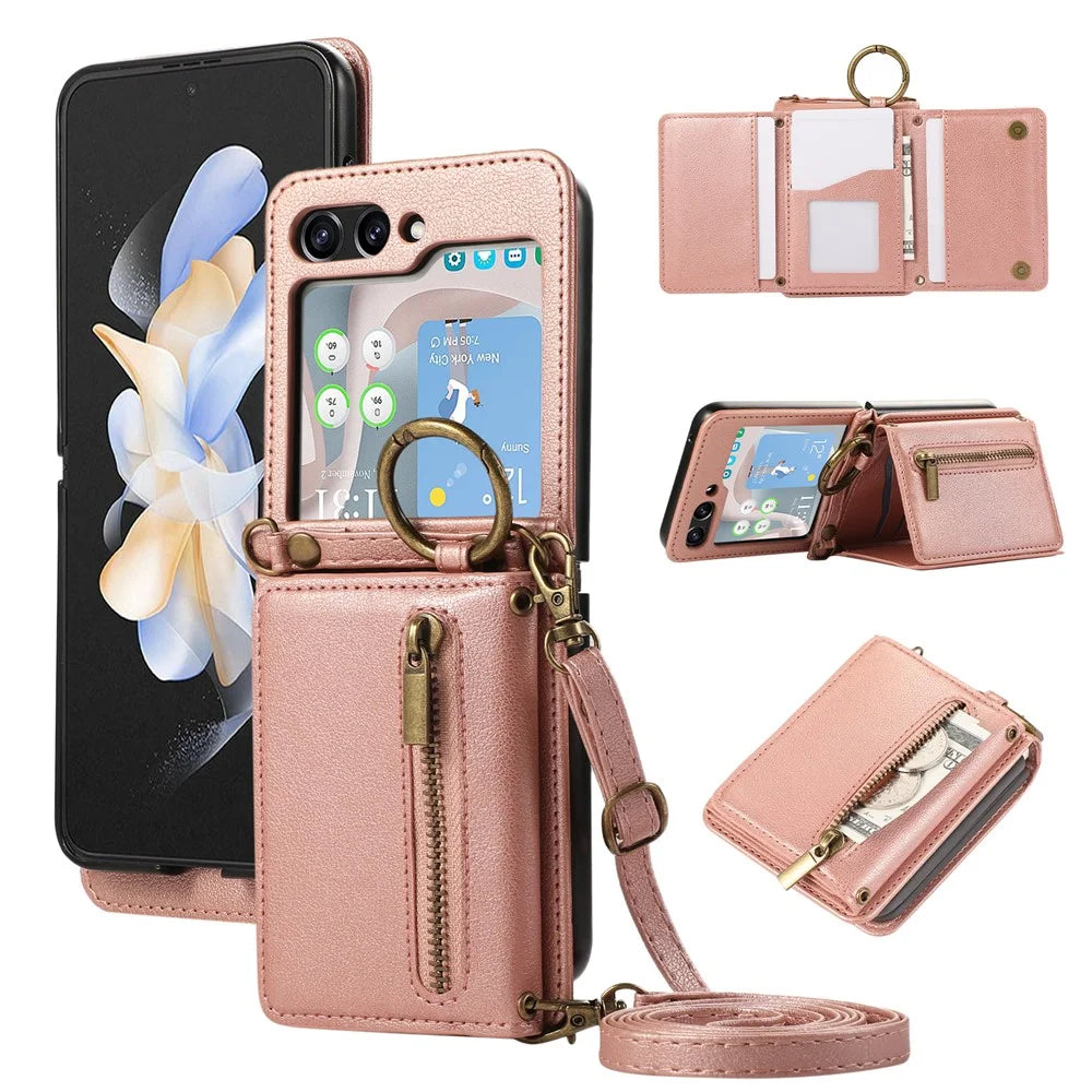 For Samsung Galaxy Z Flip5 5G Leather Back Cover Zipper Wallet Kickstand Phone Case with Shoulder Strap - Pink - 1