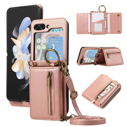For Samsung Galaxy Z Flip5 5G Leather Back Cover Zipper Wallet Kickstand Phone Case with Shoulder Strap - Pink - 1