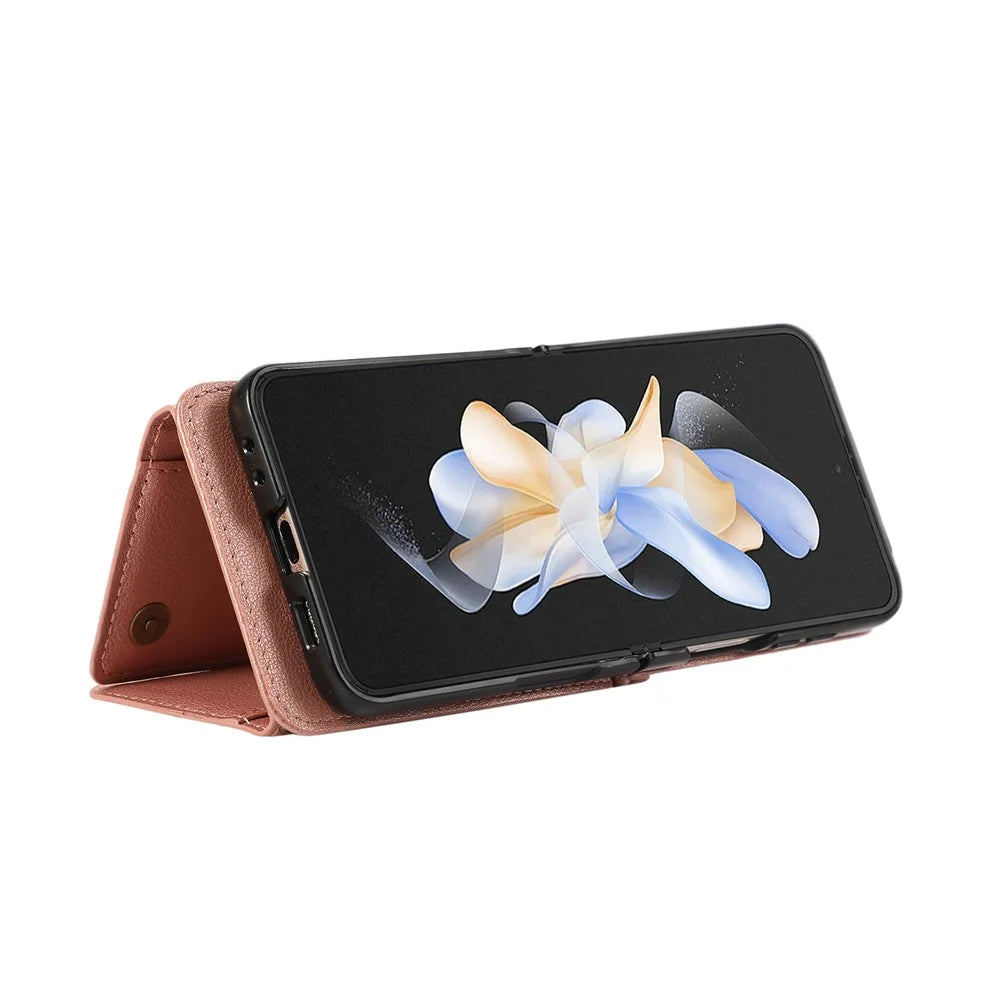 For Samsung Galaxy Z Flip5 5G Leather Back Cover Zipper Wallet Kickstand Phone Case with Shoulder Strap - Pink - 2