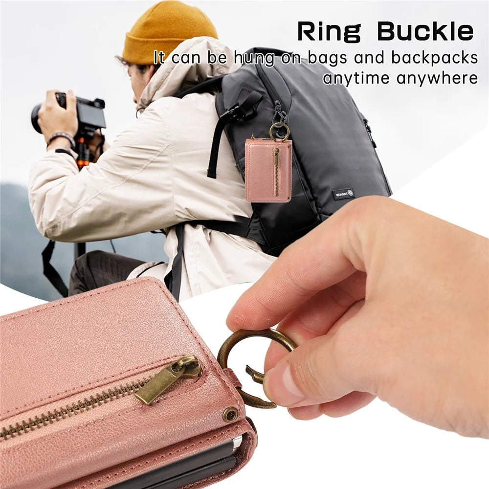 For Samsung Galaxy Z Flip5 5G Leather Back Cover Zipper Wallet Kickstand Phone Case with Shoulder Strap - Pink - 5