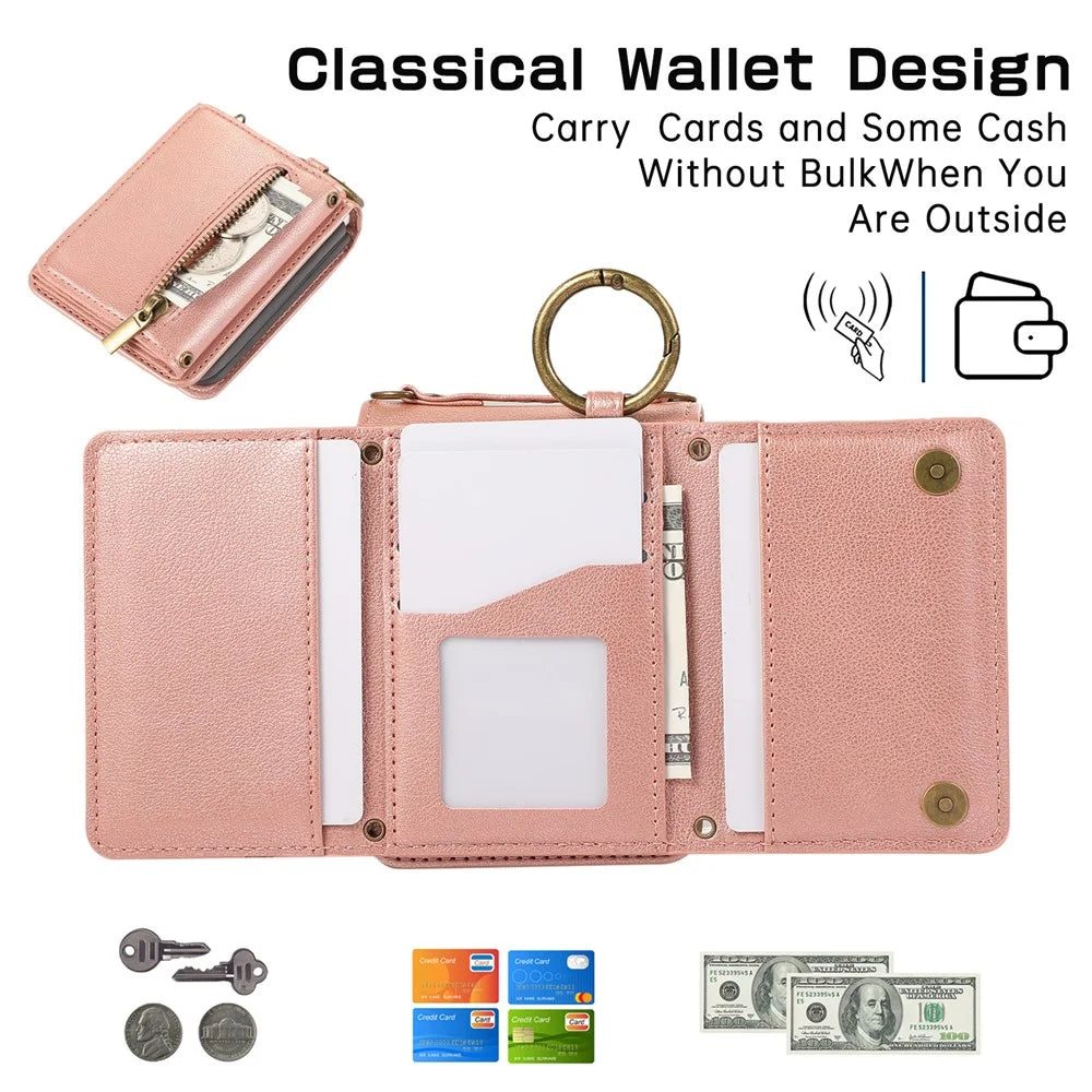 For Samsung Galaxy Z Flip5 5G Leather Back Cover Zipper Wallet Kickstand Phone Case with Shoulder Strap - Pink - 6