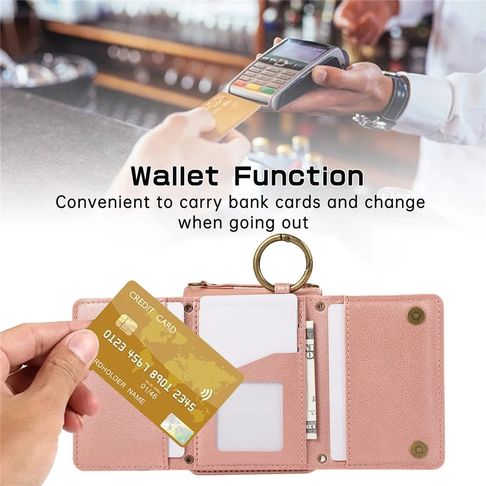 For Samsung Galaxy Z Flip5 5G Leather Back Cover Zipper Wallet Kickstand Phone Case with Shoulder Strap - Pink - 7