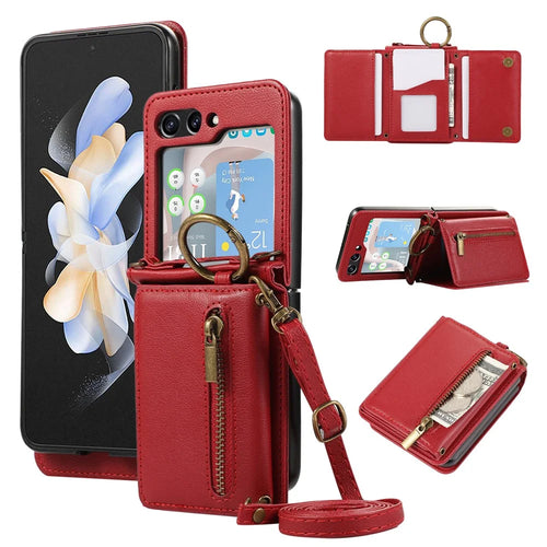 For Samsung Galaxy Z Flip7 FE 5G / Z Flip6 5G Leather Back Cover Zipper Wallet Kickstand Phone Case with Shoulder Strap - Red - 1