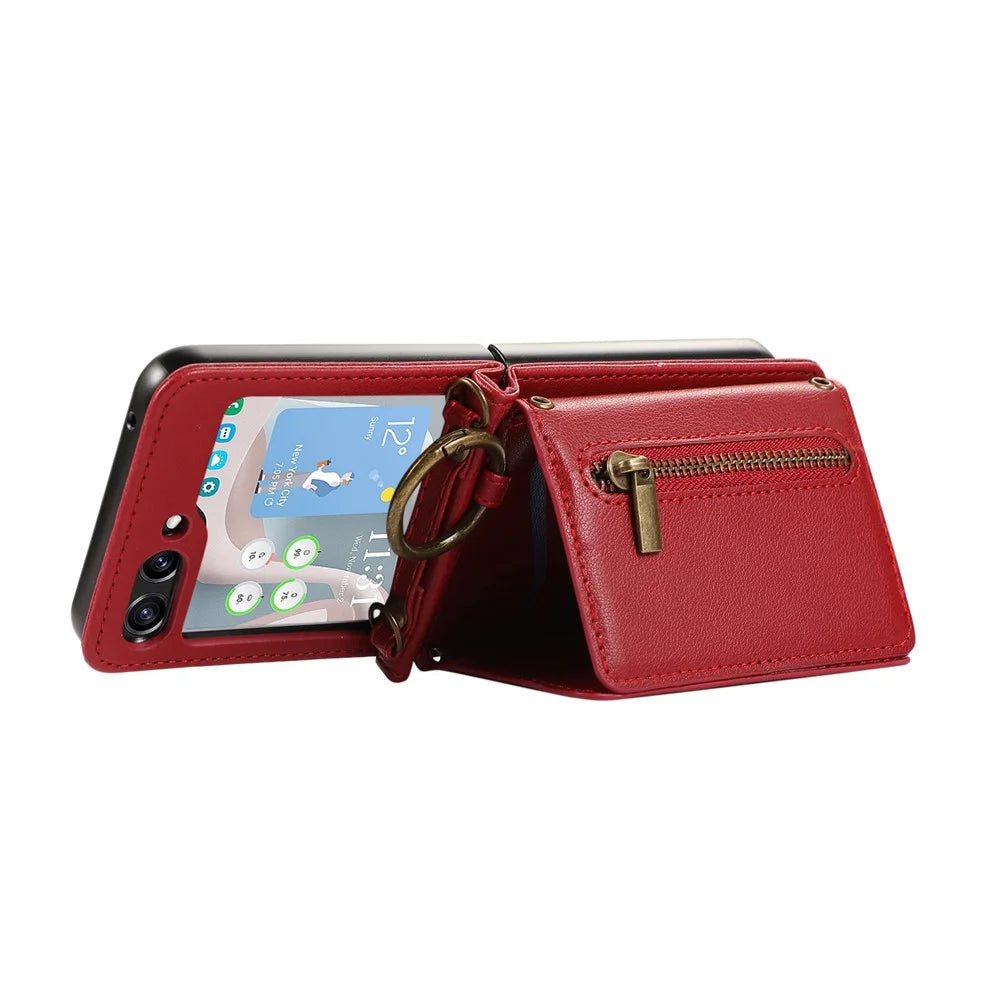 For Samsung Galaxy Z Flip7 FE 5G / Z Flip6 5G Leather Back Cover Zipper Wallet Kickstand Phone Case with Shoulder Strap - Red - 3