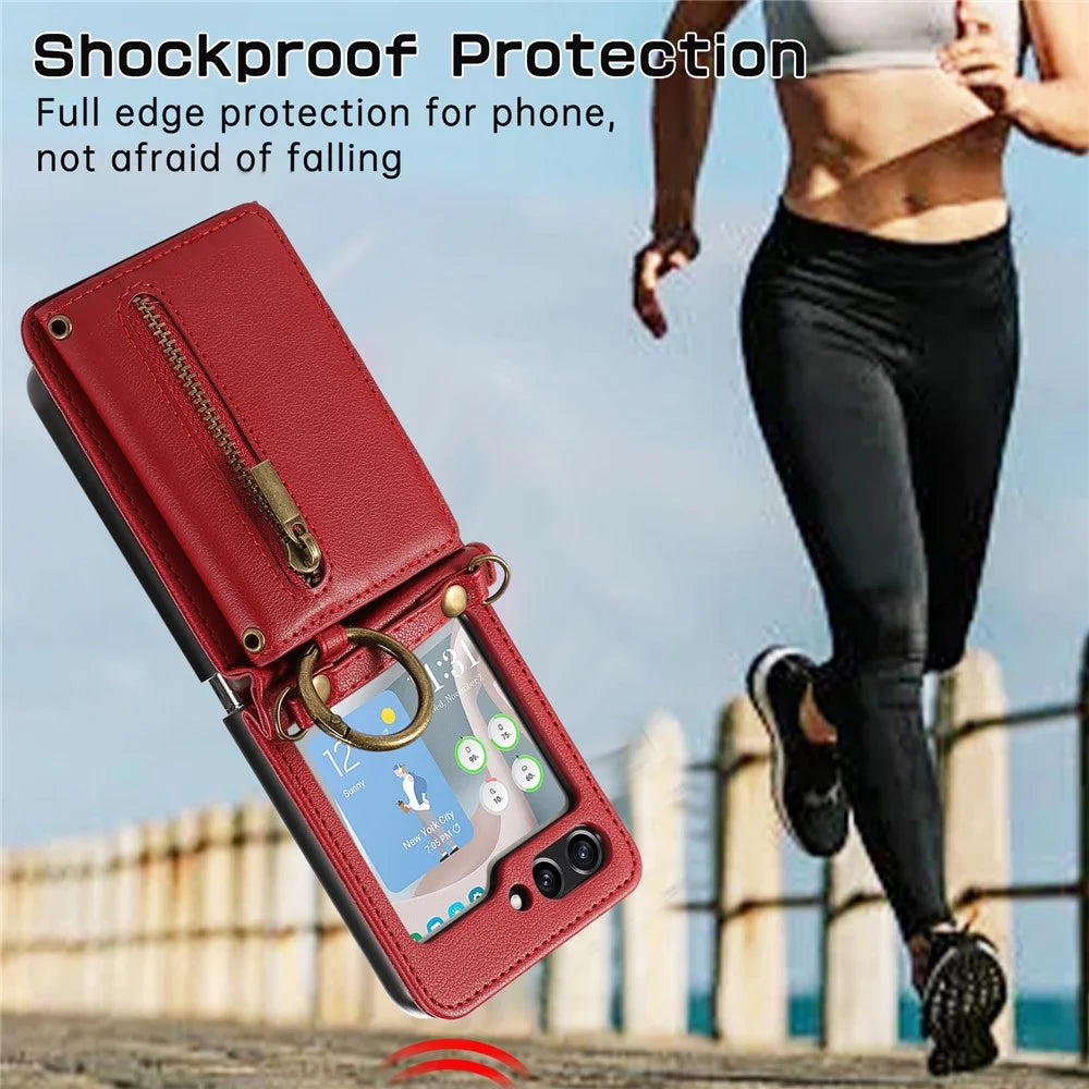 For Samsung Galaxy Z Flip7 FE 5G / Z Flip6 5G Leather Back Cover Zipper Wallet Kickstand Phone Case with Shoulder Strap - Red - 4