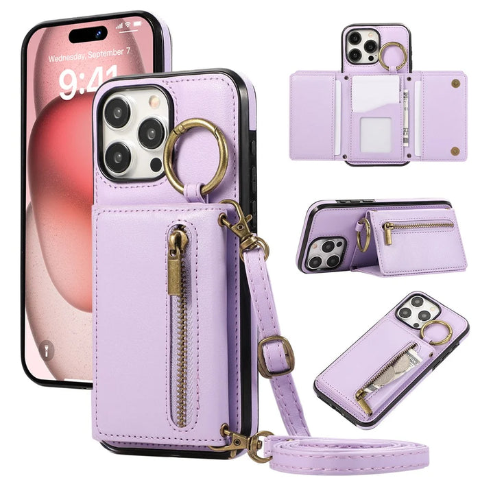 For iPhone 16 Pro Leather Back Cover Zipper Wallet Kickstand Phone Case with Shoulder Strap - Purple - 1