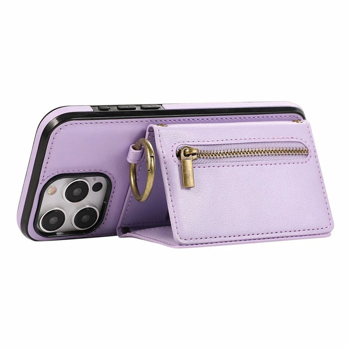 For iPhone 16 Pro Leather Back Cover Zipper Wallet Kickstand Phone Case with Shoulder Strap - Purple - 2