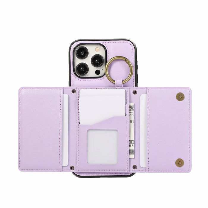 For iPhone 16 Pro Leather Back Cover Zipper Wallet Kickstand Phone Case with Shoulder Strap - Purple - 4
