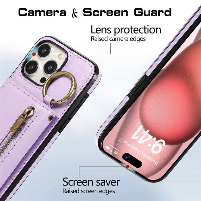 For iPhone 16 Pro Leather Back Cover Zipper Wallet Kickstand Phone Case with Shoulder Strap - Purple - 5