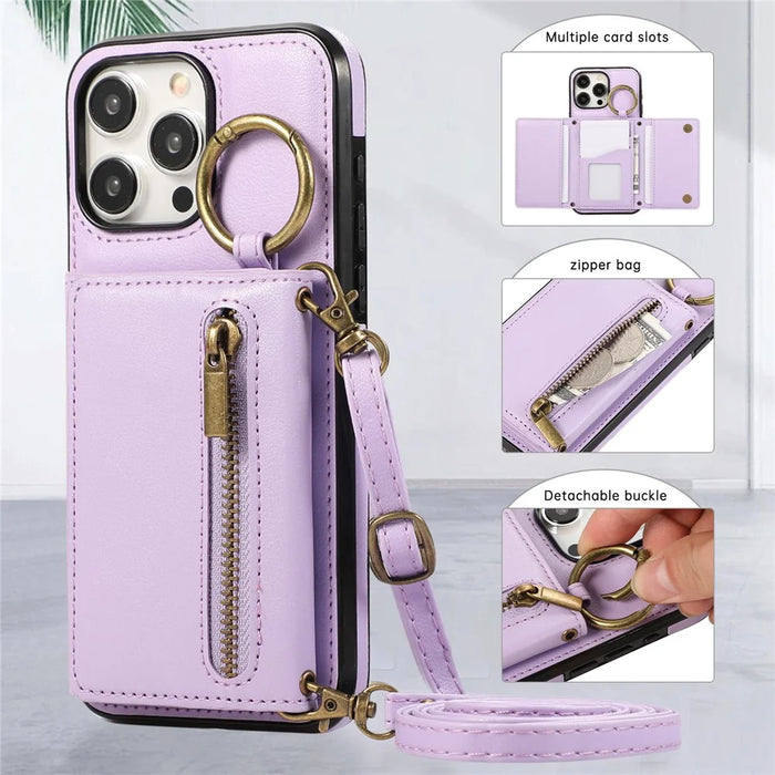 For iPhone 16 Pro Leather Back Cover Zipper Wallet Kickstand Phone Case with Shoulder Strap - Purple - 6