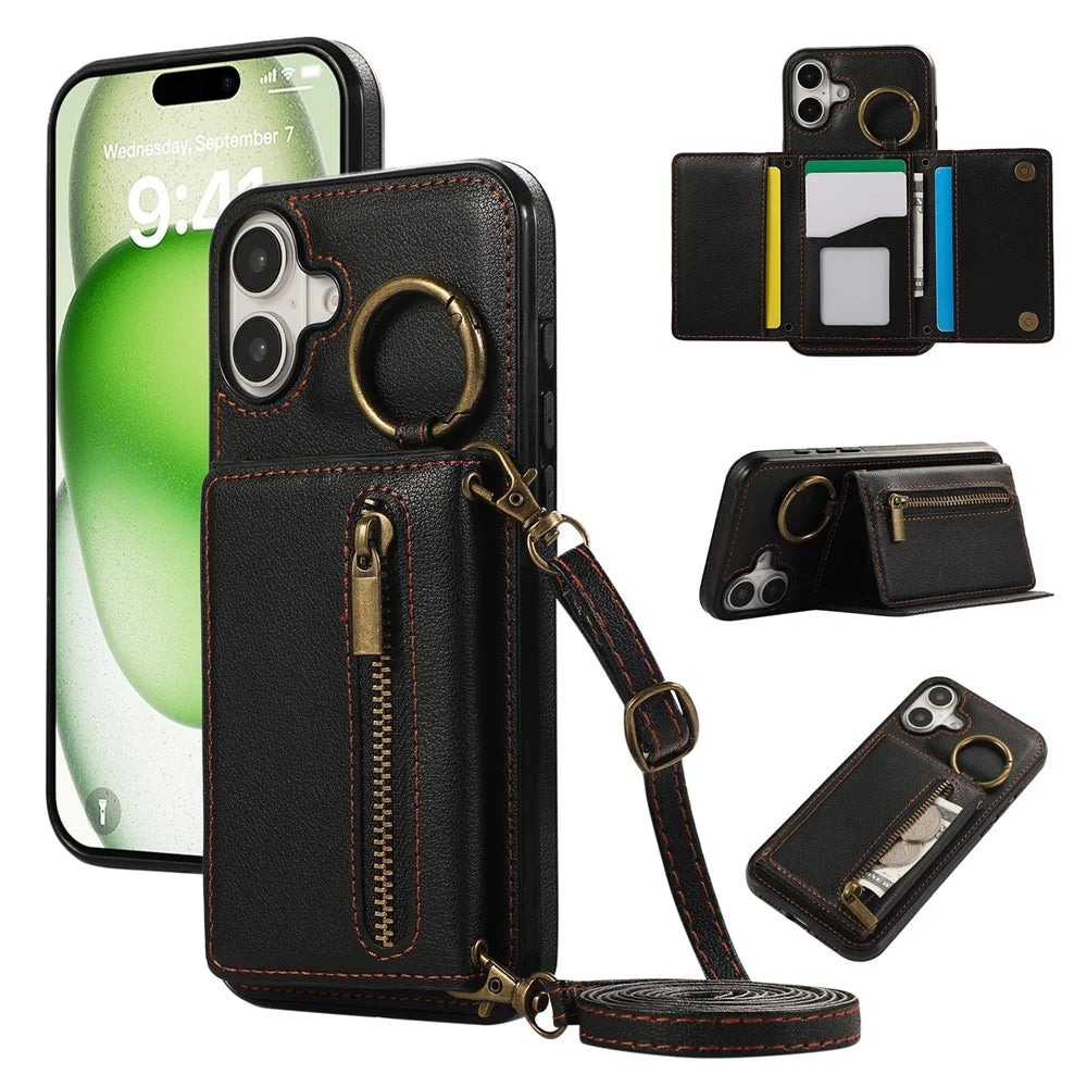 For iPhone 16 Leather Back Cover Zipper Wallet Kickstand Phone Case with Shoulder Strap - Black - 1