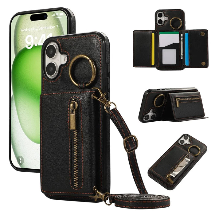 For iPhone 16 Leather Back Cover Zipper Wallet Kickstand Phone Case with Shoulder Strap - Black - 1