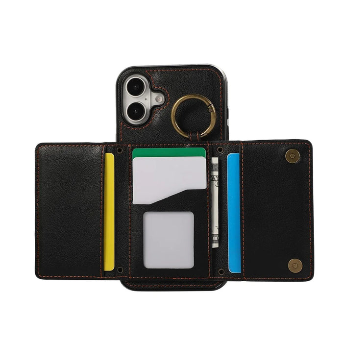 For iPhone 16 Leather Back Cover Zipper Wallet Kickstand Phone Case with Shoulder Strap - Black - 2