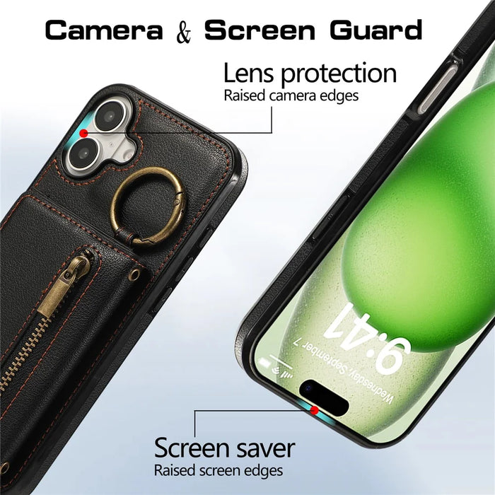 For iPhone 16 Leather Back Cover Zipper Wallet Kickstand Phone Case with Shoulder Strap - Black - 5