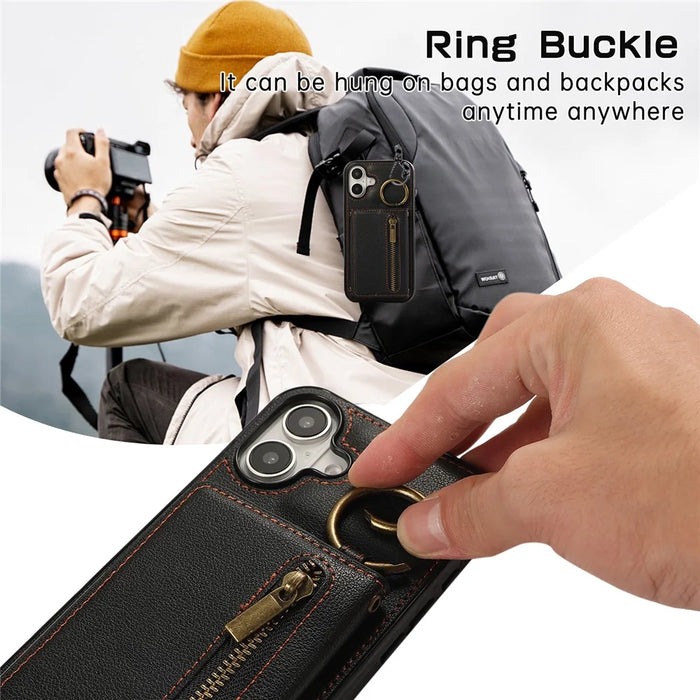 For iPhone 16 Leather Back Cover Zipper Wallet Kickstand Phone Case with Shoulder Strap - Black - 7