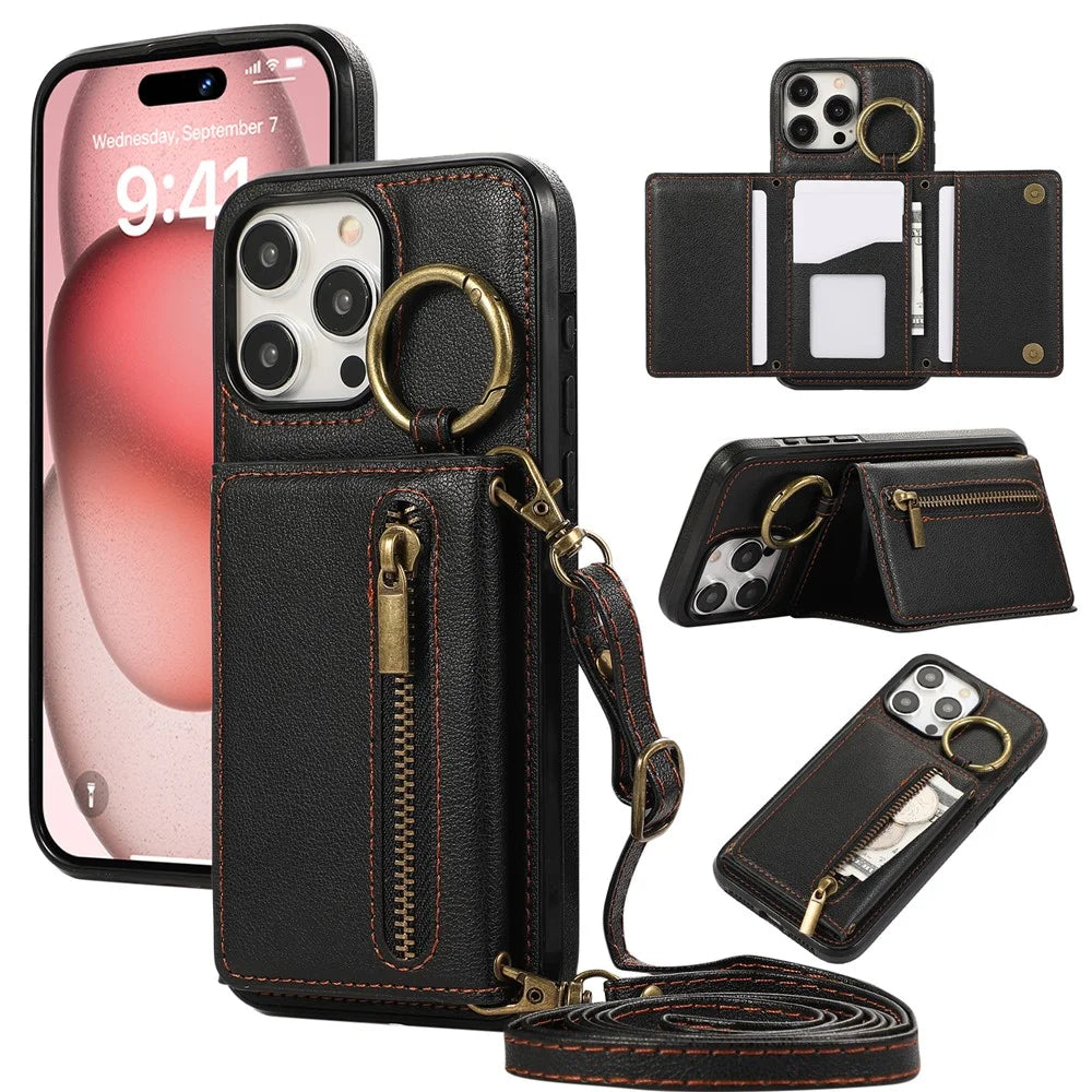 For iPhone 15 Pro Max Leather Back Cover Zipper Wallet Kickstand Phone Case with Shoulder Strap - Black - 1