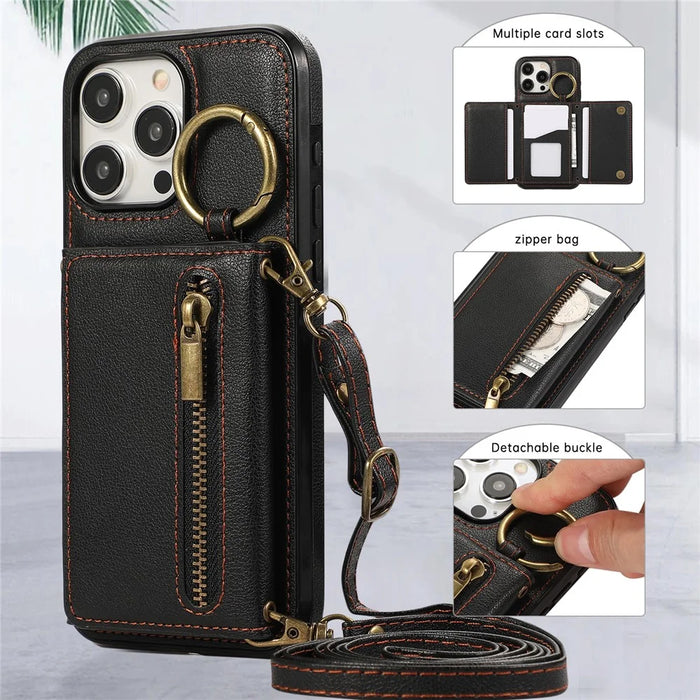 For iPhone 15 Pro Max Leather Back Cover Zipper Wallet Kickstand Phone Case with Shoulder Strap - Black - 6