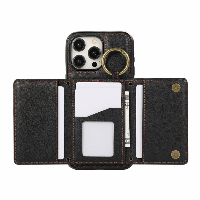 For iPhone 15 Pro Leather Back Cover Zipper Wallet Kickstand Phone Case with Shoulder Strap - Black - 2