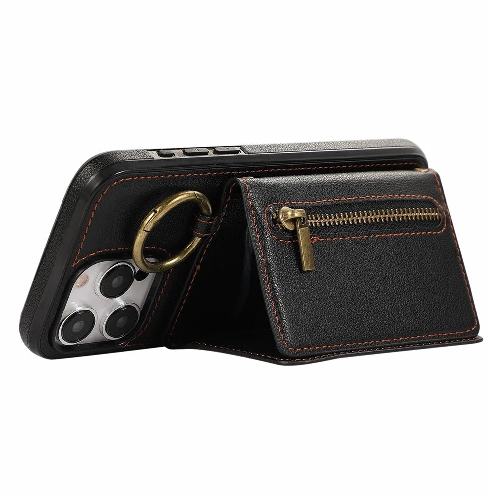 For iPhone 15 Pro Leather Back Cover Zipper Wallet Kickstand Phone Case with Shoulder Strap - Black - 3