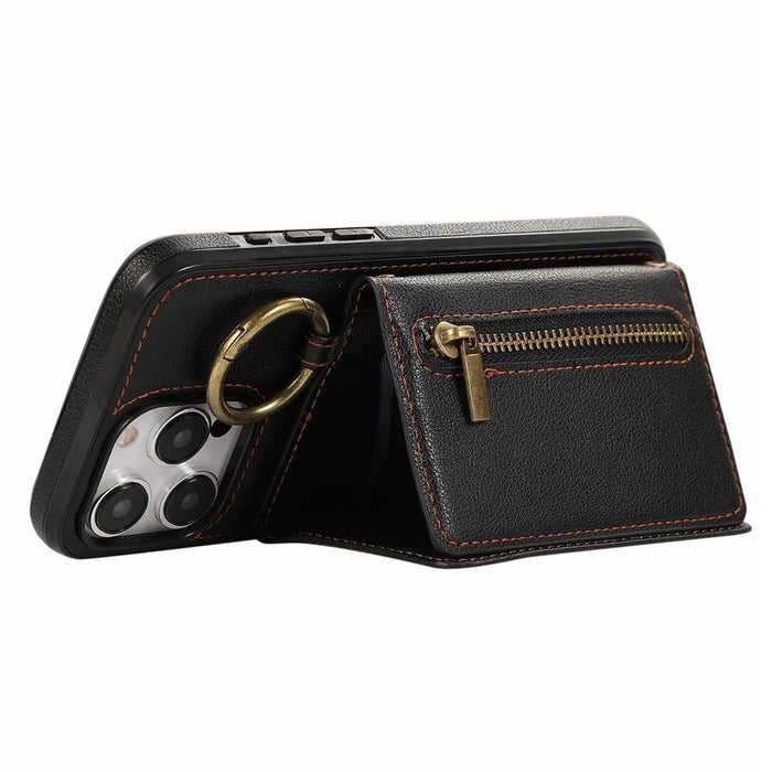 For iPhone 15 Pro Leather Back Cover Zipper Wallet Kickstand Phone Case with Shoulder Strap - Black - 3
