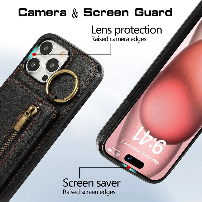 For iPhone 15 Pro Leather Back Cover Zipper Wallet Kickstand Phone Case with Shoulder Strap - Black - 5