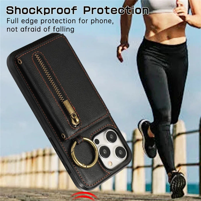 For iPhone 15 Pro Leather Back Cover Zipper Wallet Kickstand Phone Case with Shoulder Strap - Black - 7