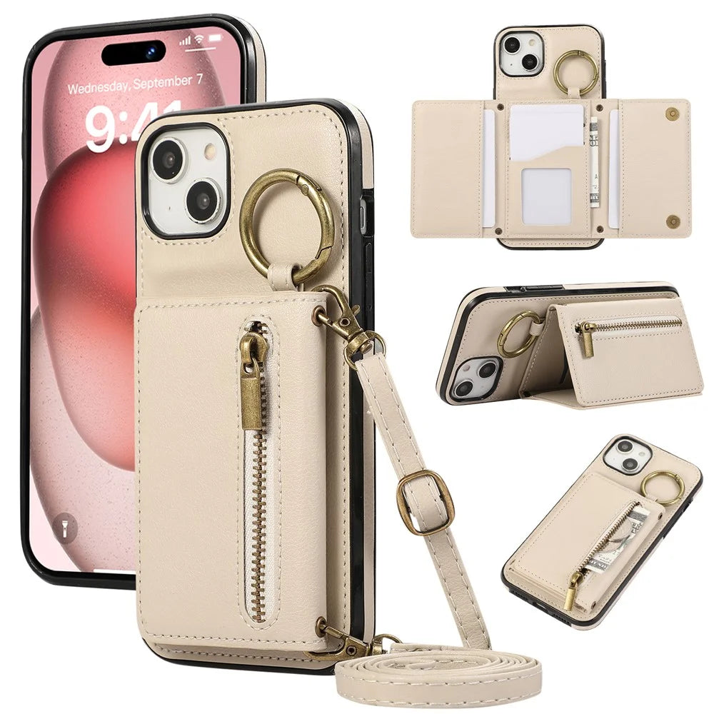 For iPhone 15 Leather Back Cover Zipper Wallet Kickstand Phone Case with Shoulder Strap - Beige - 1