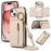 For iPhone 15 Leather Back Cover Zipper Wallet Kickstand Phone Case with Shoulder Strap - Beige - 1