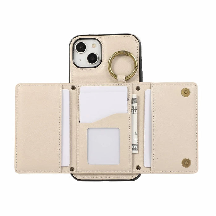 For iPhone 15 Leather Back Cover Zipper Wallet Kickstand Phone Case with Shoulder Strap - Beige - 2